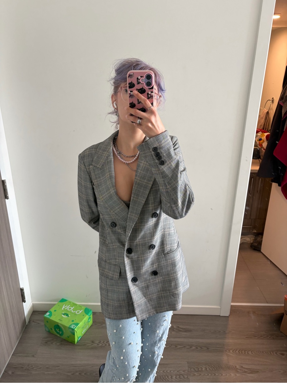 Aritzia Babaton Plaid Double-Breasted Women's Blazer Jacket - Gray